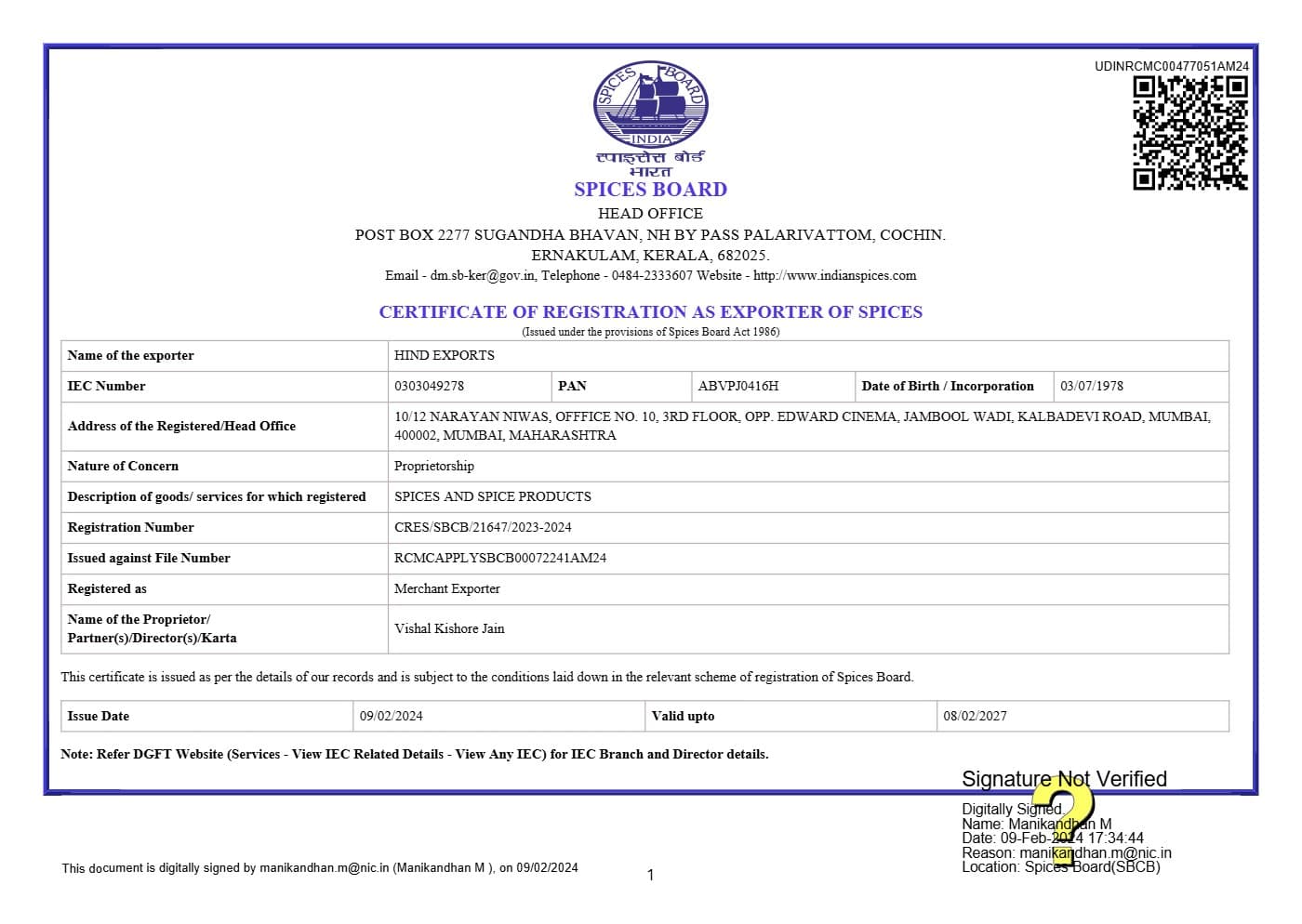 Certificate of Registration as Exporter of Spices — Govt. of India — certificate preview